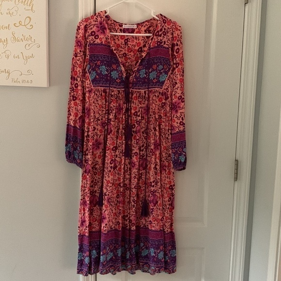 R. Vivimos Paisley‎ Boho Floral Midi Dress size Small 4/6 tie neck festive - Picture 8 of 14